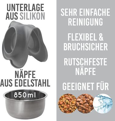 Підставка для миски для котів та собак KaraLuna з нержавіючої сталі (850 мл, сірий)
