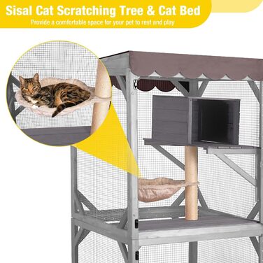 X-ZONE Кiтiо для кота на колесах: будиночок з ліжком, когтеточкою та платформами, водовідштовхувальне покриття (сірий), 80x80x182.5 см