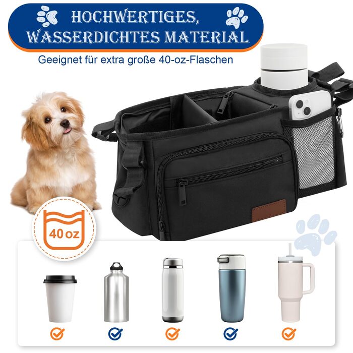 Органайзер для дитячої коляски та собак, сумка-органайзер для аксесуарів для собак з дозатором пакетів для екскрементів, кишенькою для ласощів та тримачем для чашки, сумісний з ручками 35–48 см, подарунок для любителів тварин, чорний