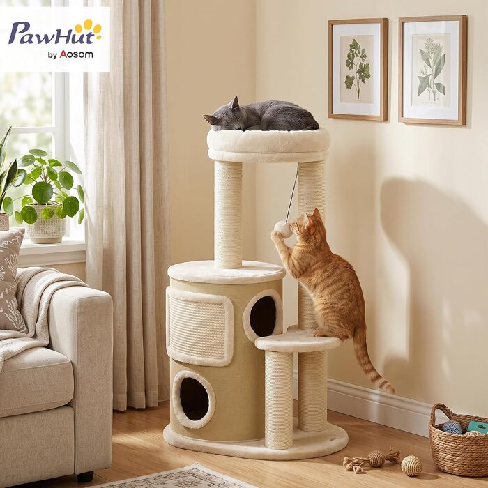 Дряпалка для котів PawHut з двоповерховою стовбурею та платформою, бежева (для котів до 5 кг)