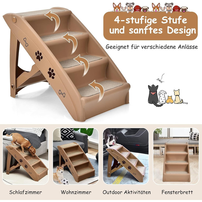 Сходинки для домашніх тварин GYMAX з 4 сходинками, складані, з пластику, з неслизькими підкладками, 4 килимками, трикутною структурою, для котів та собак (колір кавовий)