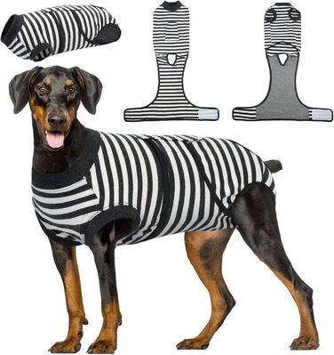 Комбінезон для собак після операції Kuoser, сірий у смужку, L (обхват грудей 59-70 см, обхват шиї 41-51 см)