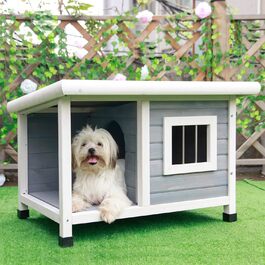 Будка для собак та котів Petsfit з масиву дерева, з балконом, терасою та вікном, утеплена, водонепроникна, для вулиці, 85x62x58 см, світло-сіра