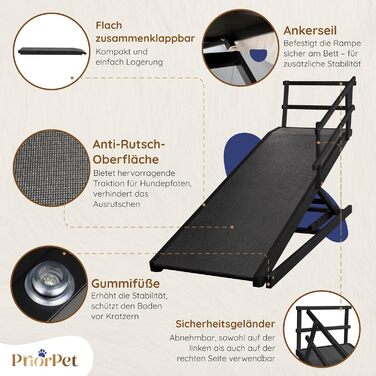 Східці для собак до ліжка з захисним бар'єром - для великих собак до 90 кг - регульована висота до 94.5 см - ширина 49.5 см - складані - антиковзні ручки - береза - натуральний колір (чорний)