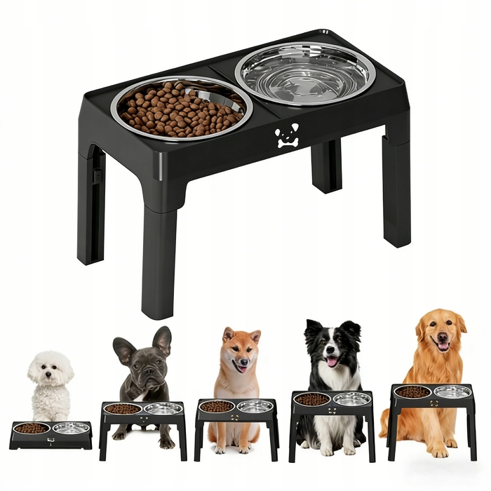 Подвійна регульована миска для великих собак на підставці, металева, 2x1л