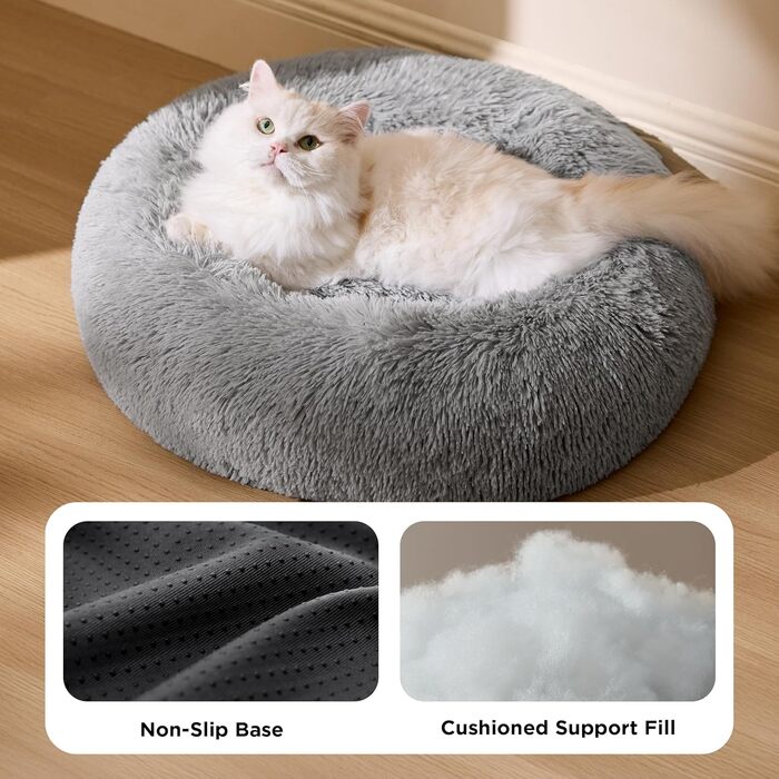 Кругле ліжко для котів та собак BEDSURE, Ø 50 см, плюшеве, сіре, 50x50x13 см