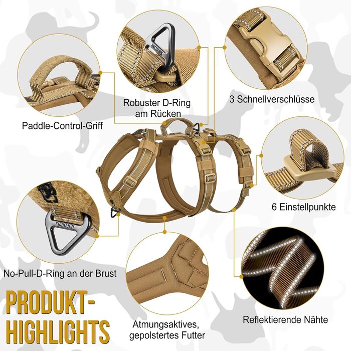 OneTigris HOUNDLOCK Тактичне шлейка для собак, надійна, регульована, з м'якою підкладкою, з ручкою, 2D-кільцями та світловідбиваючими елементами (M, L:27-41кг, обхват шиї 45-63см, обхват грудей 68-91см), Колір: Коричневий