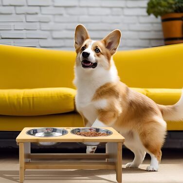 Підвищені годівниці для собак HTB, бамбук, 2 нержавіючі миски, 44x24x18 см, 18 см висота, для собак середніх та великих порід