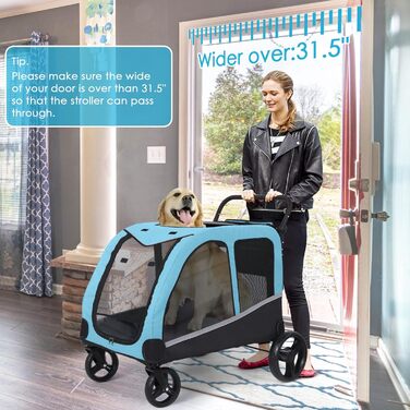 Візок для собак великих порід, прогулянковий візок для собак, великий візок для тварин, складаний, з регульованою ручкою та сумкою, до 59 кг, блакитний