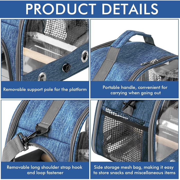 Транспортний бокс для птахів: рюкзак-переноска з підставкою та підносом з нержавіючої сталі, легкий та дихаючий, для подорожей з папугами та канарейками (33*17*26 см)