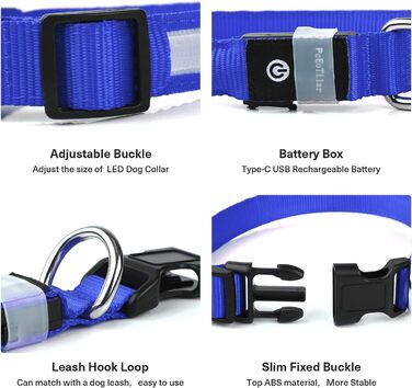 Світлодіодний нашийник для собак Leuchthalsband PcEoTllar, вологостійкий, 7 кольорів, 8 режимів, регульований, для маленьких та великих собак, синій, 28-40 см