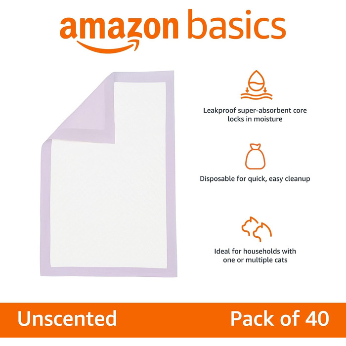 Одноразові пелюшки для котів Amazon Basics 40 шт. з швидковисихаючою поверхнею, фіолетові, без запаху
