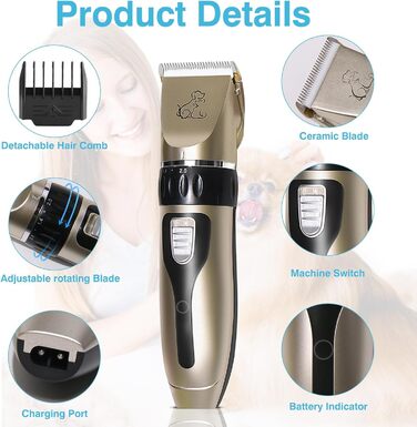 Машинка для стрижки собак, акумуляторна бездротова з 4 насадками, для собак, котів та всіх типів шерсті