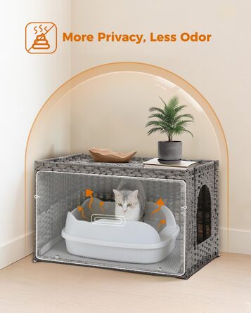 MUTTROS туалет для котів з ротанга, прихований туалет для котів, меблі з ручної плетіння, з високою дверцятами та піднятим бортиком, котячий будиночок-шафка для великих котів, для дому, вітальні, сірий