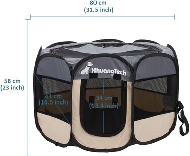 Клітка-манеж для тварин XhuangTech: собаки, коти, цуценята, 80x80x58.4 см, м'який матеріал, портативна, складана, для дому та вулиці, сіра та бежева