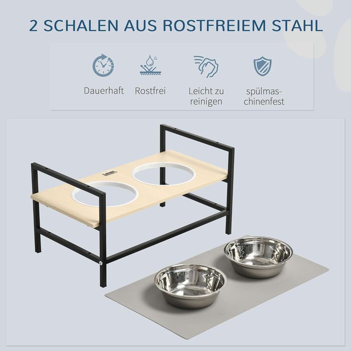 PawHut Підвищена годівниця для собак, регульована миска з нержавіючої сталі з підставкою, килимок під миску, годівниця для малих, середніх та великих собак
