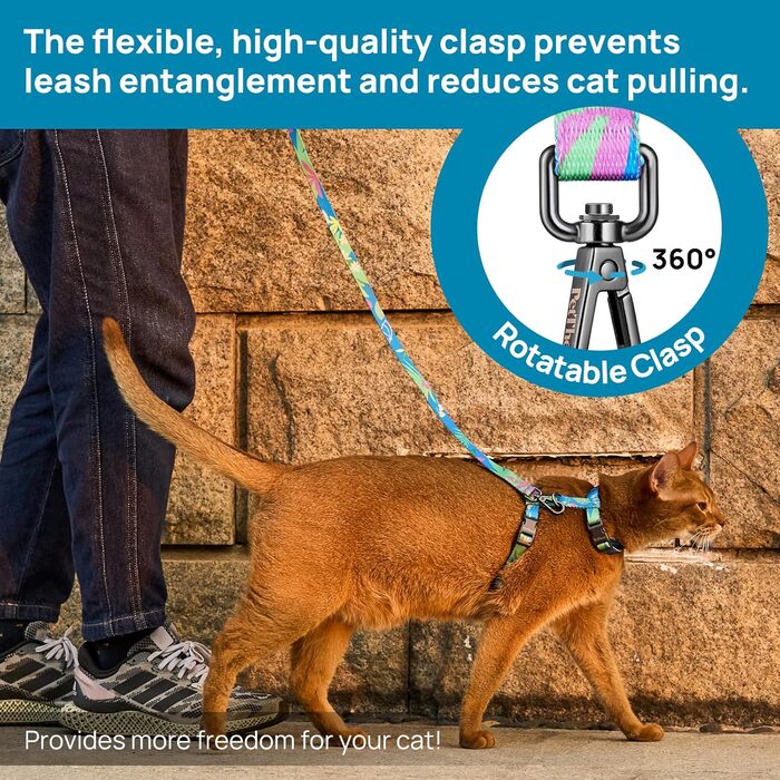 Шлейка та поводок для котів PetThem, антивитік, регульована, зручна, м'яка, легка, безпечна, для прогулянок, подорожей, кошенят, для маленьких, середніх та великих котів, колір: Hawaii Green