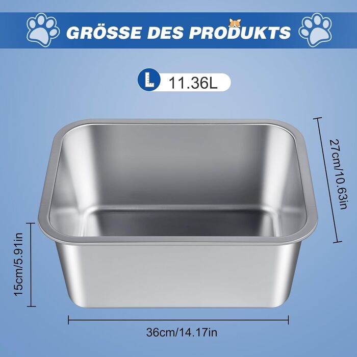 Нержавійна миска для великих собак, 36×27×15 см - миска для води та корму, антиковзаюча, легко миється, для великих та середніх собак