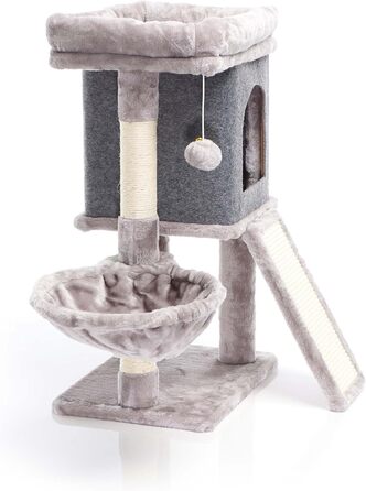 Кігтеточка для котів Fudajo сірого кольору, 71,5 см, з платформою для відпочинку, лежаком, дряпалкою та будиночком. Кліматичний комплекс для котів з 1 будиночком.