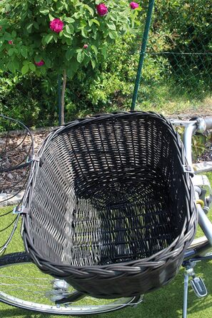 Кошик для собаки на кермо велосипеда з ротангу з металевою сіткою та подушкою, чорний кошик для велосипеда (з подушкою)