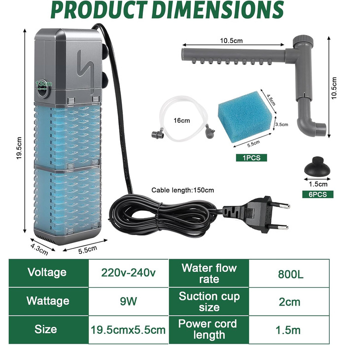 EXLECO Фільтр для акваріума 9W, 800 л/год, вбудований фільтр з 2 змінними губками, регульований фільтр для акваріумів 20-50л, фільтр-насос для акваріумів з розпилювачем