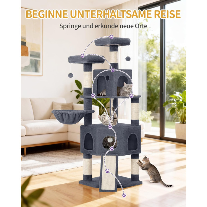 Кігтеточка для котів Hzuaneri, 174 см, XL, 2 платформи, 2 печери, 4 стовпчики, дошка для заточування кігтів, мотузка з сизалю, плюшеві кульки, для багатокотових сімей, MS17418LG (Темно-сірий)
