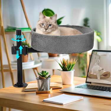 BSWAY Лежанка для кота на стіл - без свердління, 360° обертання, регульована висота. Підвищена котяча лежанка над столом. Тримає кошеня/кота близько, робочий простір чистий. (Темно-сірий, XL)