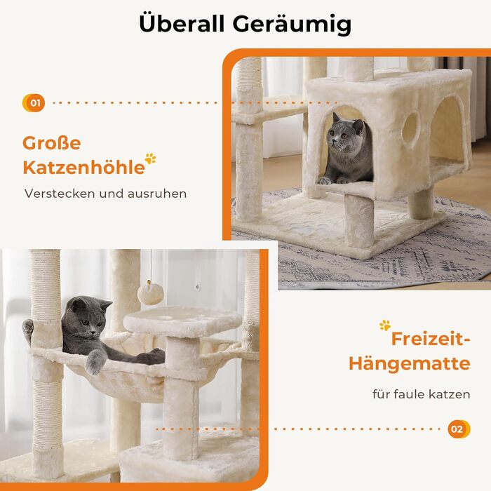 Кігтеточка для котів MSmask велика, стабільна, багатоярусна з 2 платформами, 2 будиночками, гамаком, сизалевими стовпчиками (Бежева, 160 см)