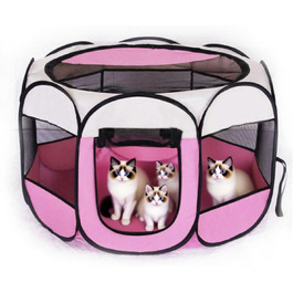 Клітка-забіг для цуценят 74x74x43 см – портативна клітка для собак та котів – клітка для кроликів та інших дрібних тварин – безпечний забіг для дому та вулиці (Бежевий + Рожевий)