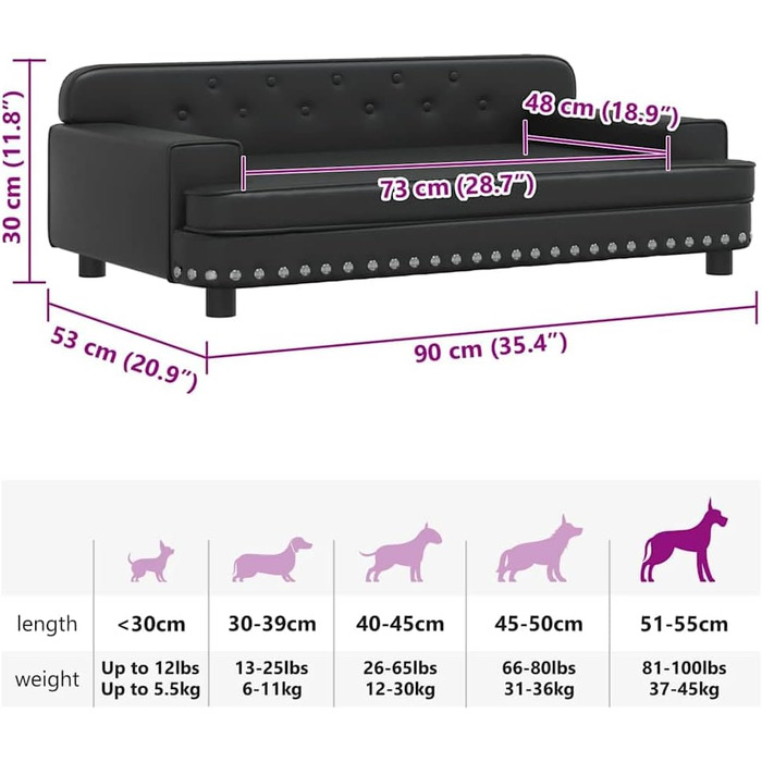 Ляжка для собак, м'яка подушка для собак, диван-софа для маленьких собак, лежанка для домашніх тварин, лежанка для котів, чорна штучна шкіра, 90 x 53 x 30 см