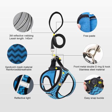 Нашийник для собак з повідком Anti-Pull, світловідбиваючий, для маленьких собак, кошенят, домашніх тварин (L, Blue Wave)