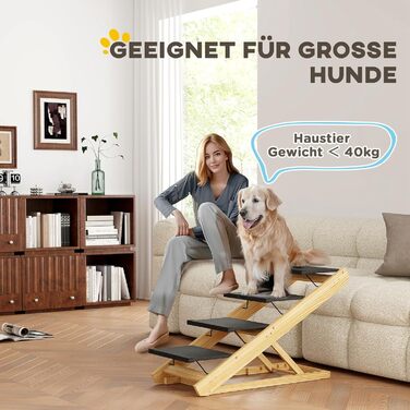 PawHut Сходинка для собак 4-ступенева, регульована висота 62,5 см, з антиковзким покриттям, складана, для собак та котів, великі породи до 40 кг, колір: натуральний