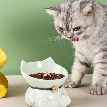 Миска для кота Disoza, піднята, кераміка, зелена, 14.8x14.6x14.3 см, миска у формі кота, для годування, сумісна з посудомийною машиною