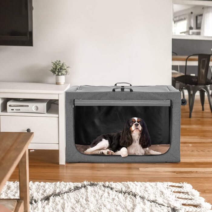 Складаний бокс для собак середніх порід Petsfit, зручна переноска для дому та подорожей, регульований розмір, міцні сітчасті вікна, товста плюшева підстилка, розмір M, сірий