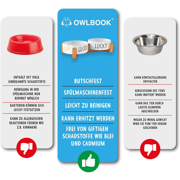 Персоналізована миска для собак OWLBOOK з ім'ям - подвійна керамічна миска з бамбуковим підставкою, 300 мл