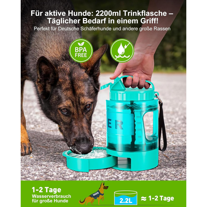 Турбопляшка для собак Lesotc 2200 мл: велика, портативна, для подорожей та кемпінгу (м'ятний)