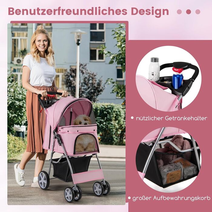 Візок для собак та котів COSTWAY, до 15 кг, рожевий, з сітчастими віконцями, тримачем для напоїв, кошиком та сонцезахистом