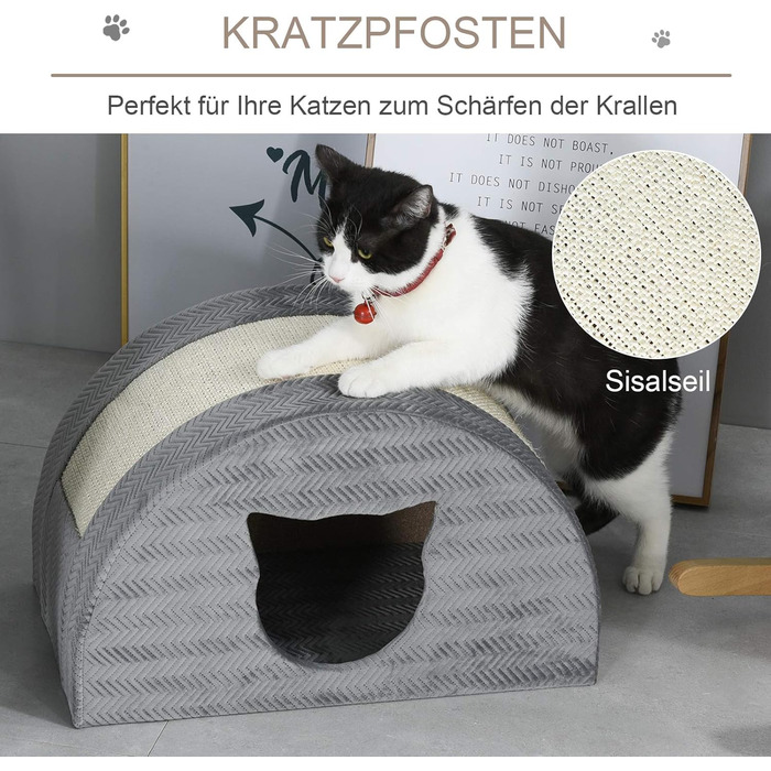 Будиночок для котів PawHut з когтеточкою, сірий, 48,5x30x30 см, з сизалем