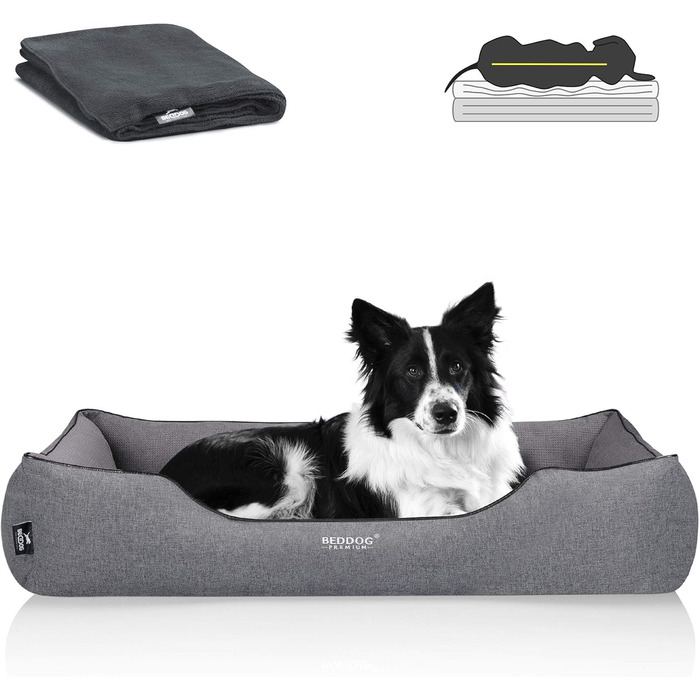 Преміум ортопедичне ліжко для собак BedDog Clara, м'яке ліжко-кімнатна подушка знімним чохлом, ковдра в подарунок - Rock (сірий) L 110 x B 75 x H 25 см ROCK (сірий)