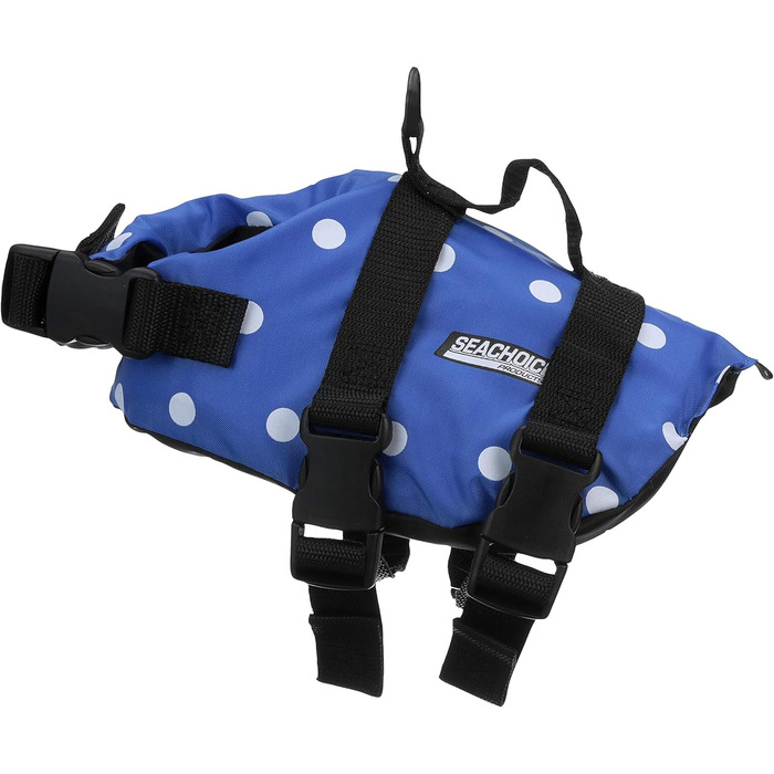 Жилет рятувальний для собак Seachoice 86260, розмір XXS (до 2,7 кг), блакитний у горошок, з ручкою