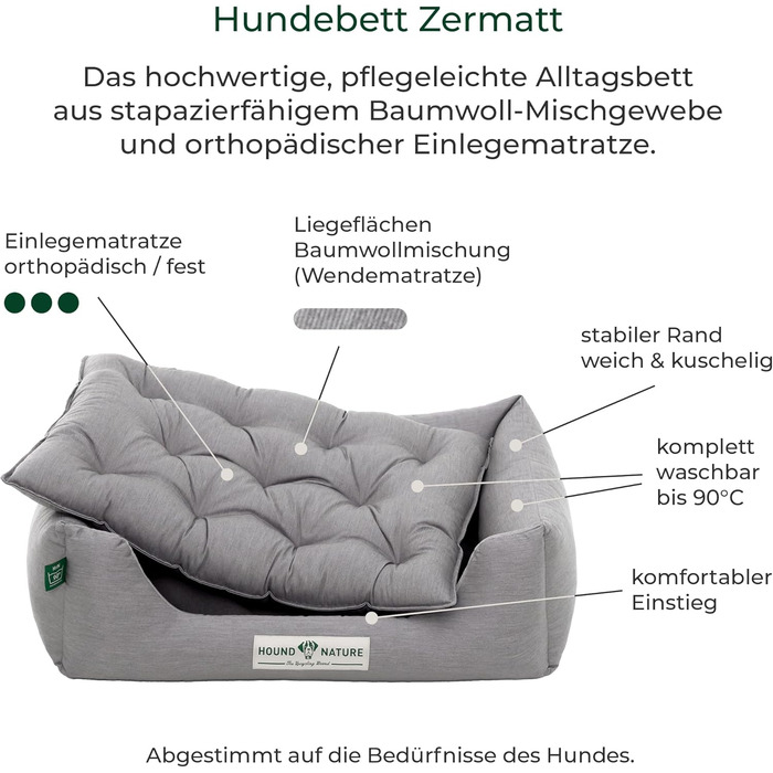 Ортопедичне ліжко для собак HOUND & NATURE Zermatt, корзина для собак середніх порід з високим бортиком, м'яке собаче ліжко з подушкою (M - 95x70 см, S | 75x60 см, світло-сірий)