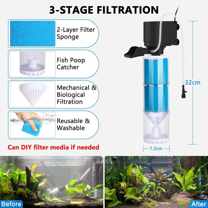 Акваріумний фільтр Fishkeeper 10W, 570 л/год: внутрішній фільтр з регулюванням потоку, 4-в-1, тихий, для акваріумів 60-300 л, легко миється