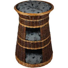 Корзина для котів для сну – котяча хатинка для дому – розмір 43 x 49 x 70 см, кругла – котяча печера з лози, трирівневе ліжко для собак або котів з пральним подушками в бежевому кольорі – лакована корзина (подушка світло-сіра)