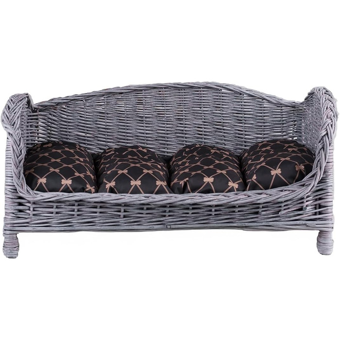 Корзина для собак та котів з плетеної лози з м'яким лежаком - сіро-чорний колір, 54x32x25 см