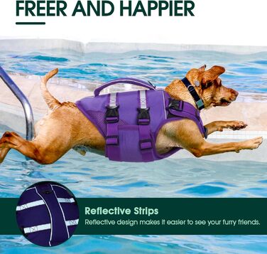 Жилет рятувальний для собак великих порід Kuoser, фіолетовий, з ручкою та світловідбиваючими елементами, регульований