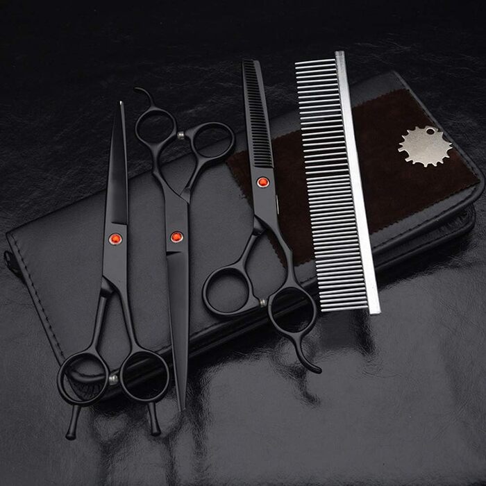 Набір професійних ножиць для грумінгу собак, 18 см (7 дюймів). Включає 2 ножиці для стрижки, ножиці для розрідження та гребінець. Підходить для грумінгу обличчя, шиї, носа та лап собак та котів. Чорний колір.