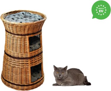 Кошик для котів із лози 50 см, триярусне ліжко з подушкою, натуральний колір, для котів і собак, котяча хата для дому