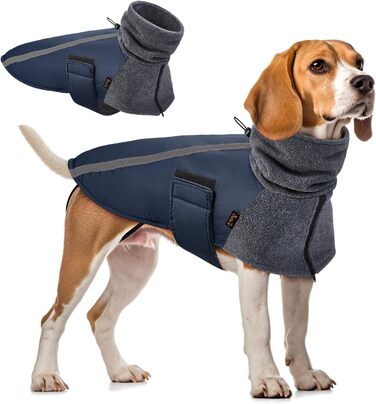 Зимова куртка для собак SlowTon з флісу, тепла, водонепроникна, вітронепроникна, з коміром-гетром та світловідбиваючими смугами, регульована, для цуценят (Темно-синій, M+)