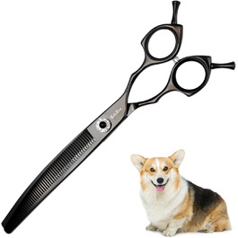 Професійна вигнута ножиця для грумінгу домашніх тварин 7.5 дюймів (19 см), 56 зубів, чорний колір, 25% тонкість