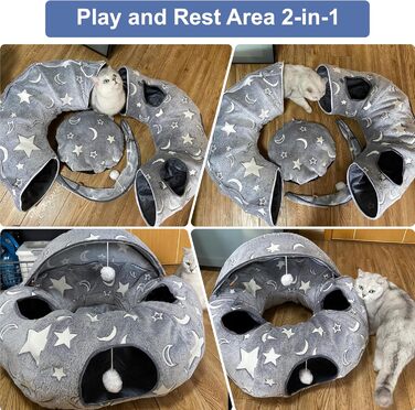 Кішка ліжко з підсвіткою, великий плюшевий тунель для котів з м'ячиком, велика шуршача печера для котів, іграшка для котів, кроликів або цуценят, сірий колір + світиться в темряві